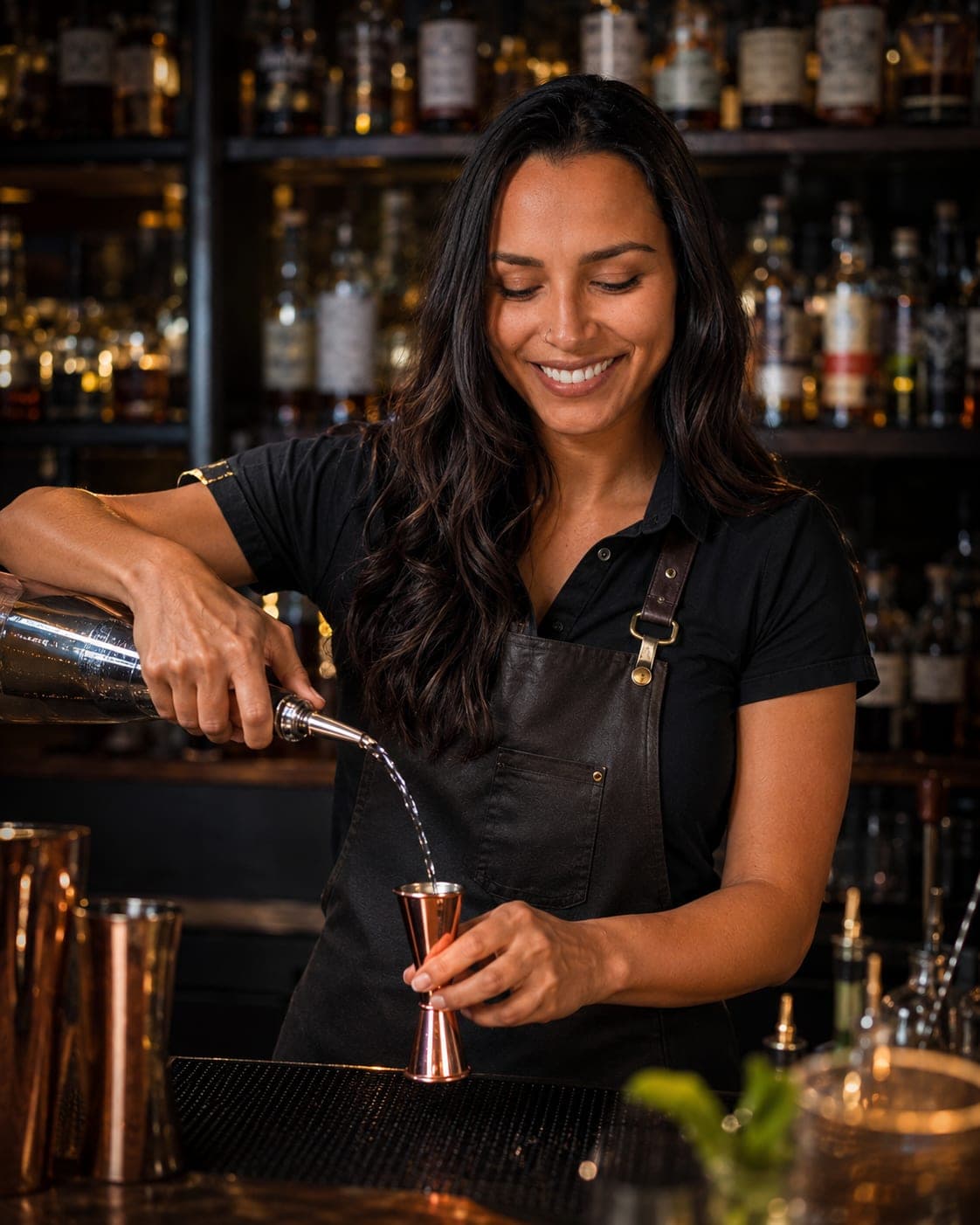 A bartender pours a drink at a backbar, shaker and copper jigger within reach